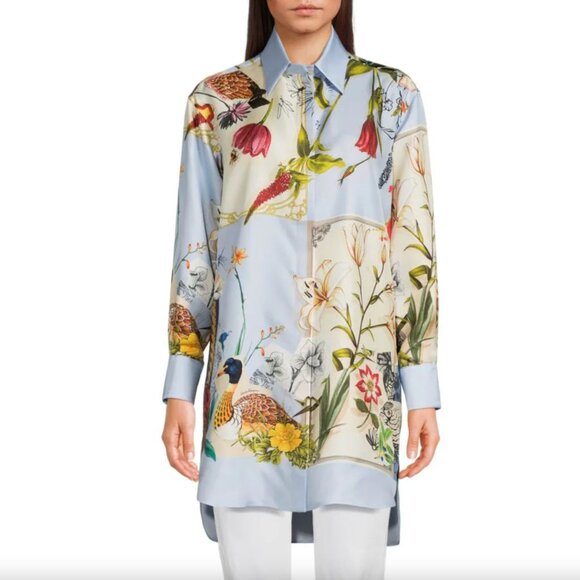 Salvatore Ferragamo Tops - NWT FERRAGAMO Floral Duck Garden 100% Silk Longline Shirt. Size S